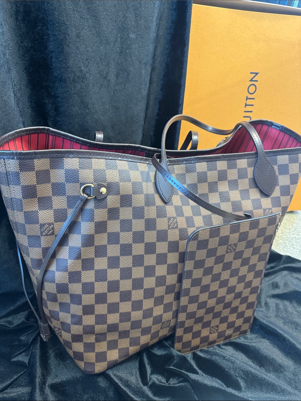 Louis Vuitton Damier Ebene Canvas GM Tote Bag - Brown with Red Interior